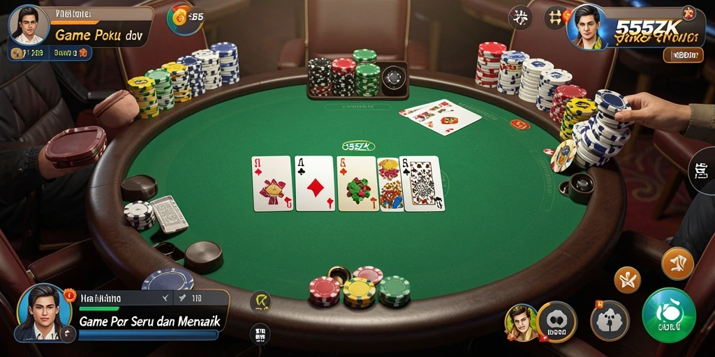 Screenshot gameplay poker yang menampilkan suasana meja yang seru.