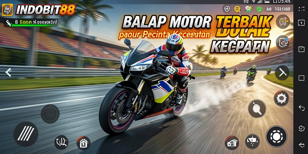 Screenshot gameplay <strong>INDOBIT88</strong> menunjukkan kecepatan tinggi dan adrenalin balapan motor.