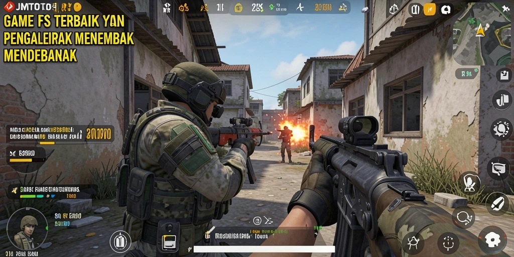 Tampilan screenshot JMTOTO menunjukkan pertempuran seru dalam game FPS.