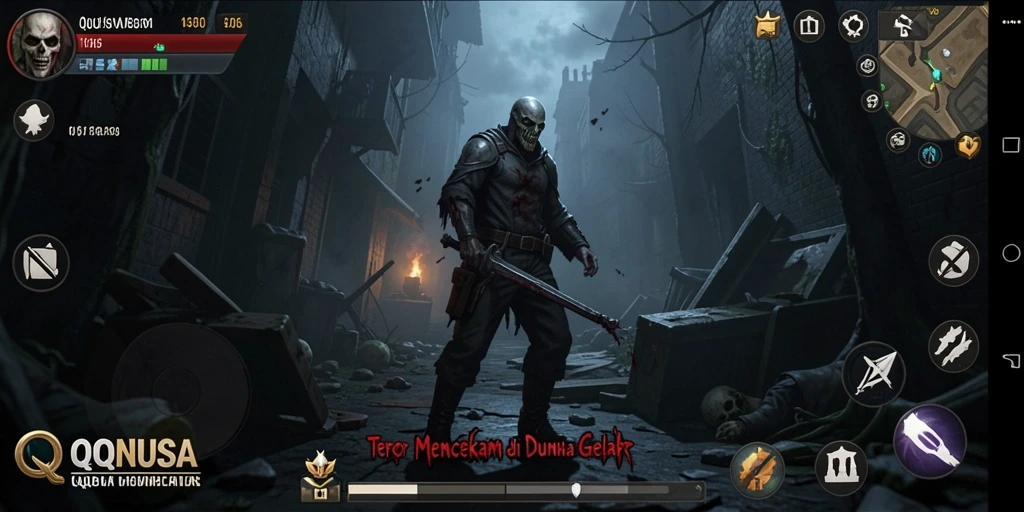 Screenshot gameplay QQNUSA menampilkan suasana mencekam dan makhluk menyeramkan.