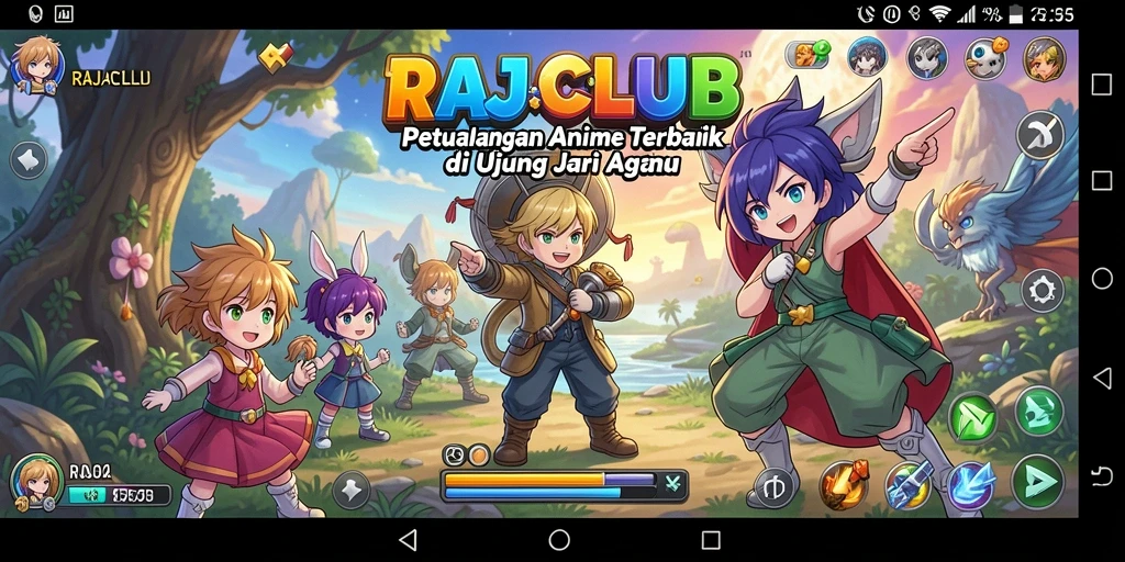 Screenshot utama RAJACLUB menunjukkan pertarungan seru karakter anime.