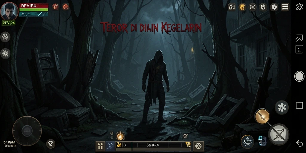 Screenshot gameplay RPVIP4 yang menampilkan momen menegangkan dalam kegelapan.