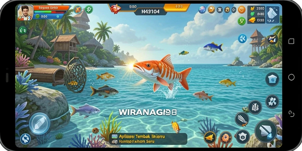 Screenshot WIRANAGA menampilkan gameplay seru saat menembak ikan di bawah laut.
